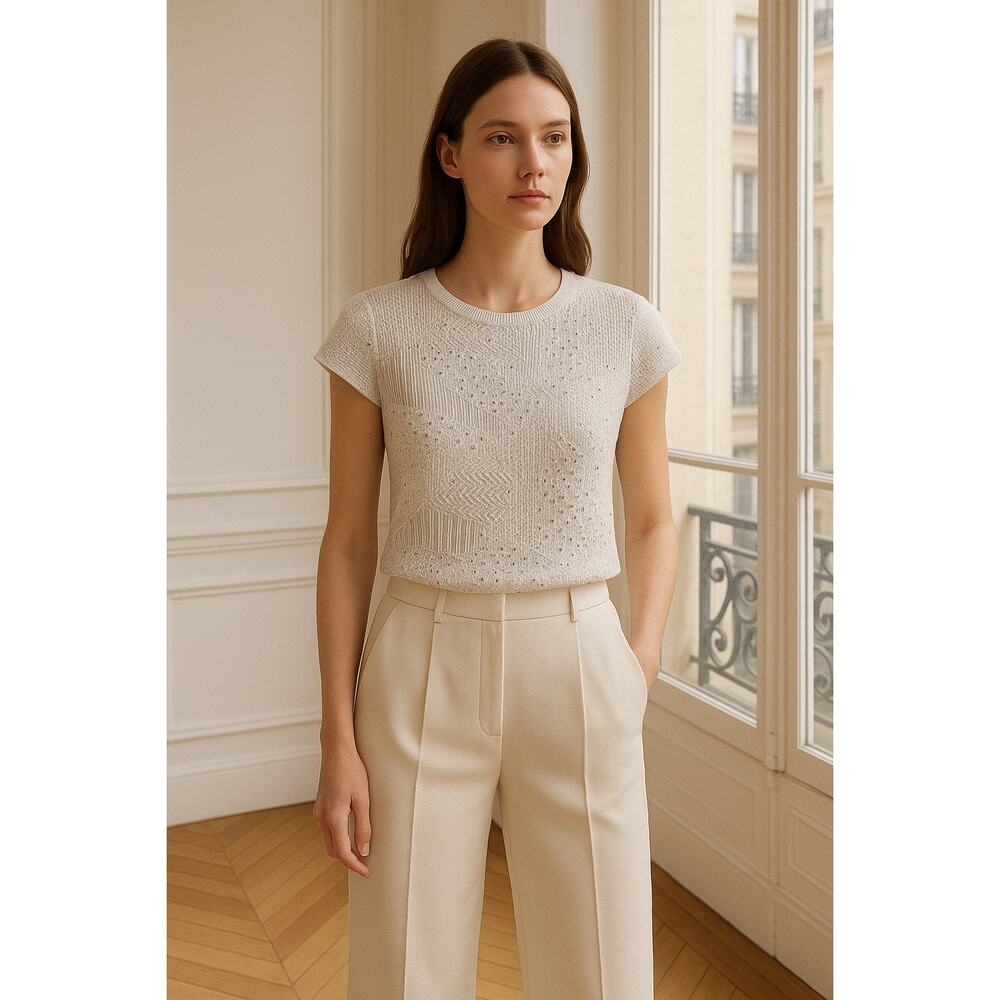 ALICE + OLIVIA Embellished Mesh Blouse White Silver Beaded Sheer Sz Small Bride - Picture 5 of 10